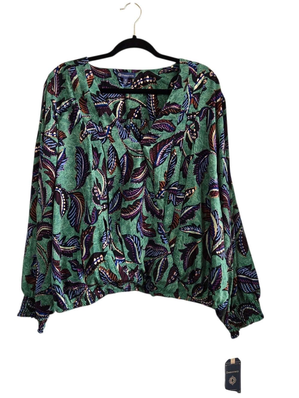 Democracy Green Gold Multi-Leaf Print Overlap Front V-Neck Blouse 3X New